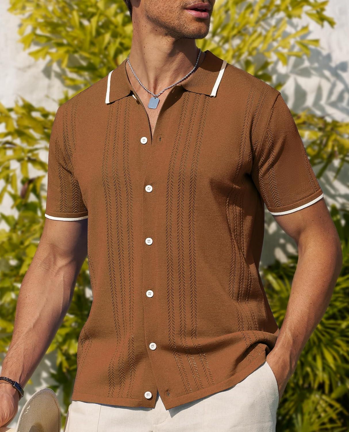 imageAlimens amp Gentle Mens Shirts Casual Button Down Shirts Beach Vintage Knit Short Sleeve Polo Shirt for Men02brown