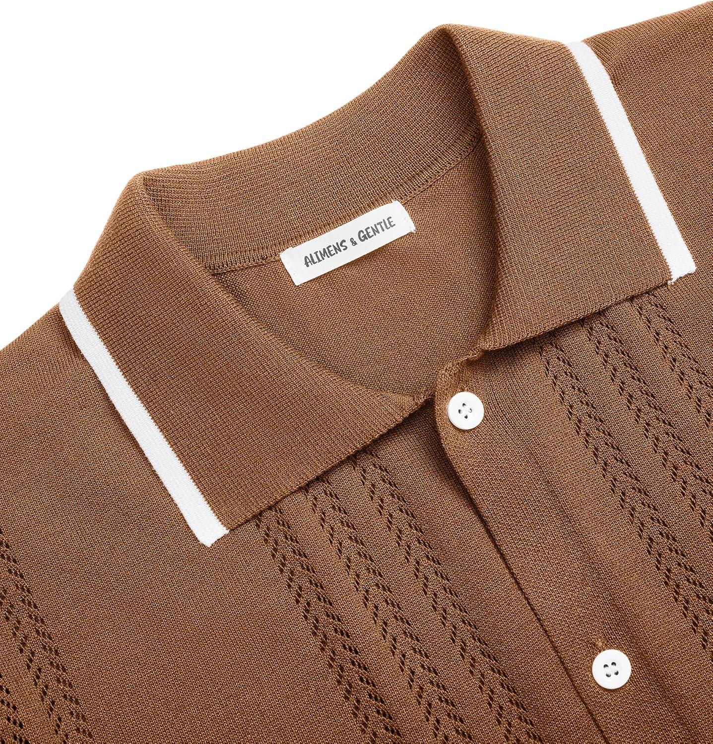 imageAlimens amp Gentle Mens Shirts Casual Button Down Shirts Beach Vintage Knit Short Sleeve Polo Shirt for Men02brown