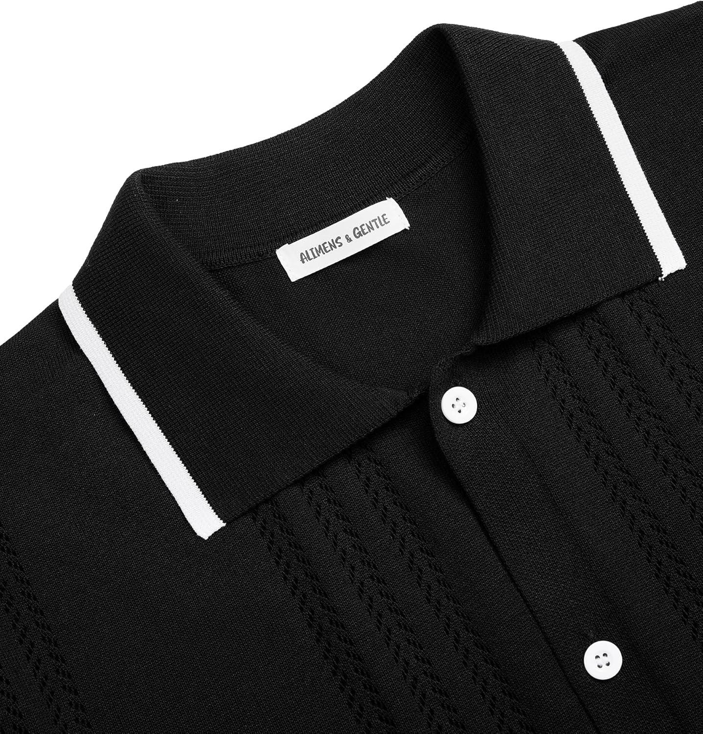 imageAlimens amp Gentle Mens Shirts Casual Button Down Shirts Beach Vintage Knit Short Sleeve Polo Shirt for Men03black