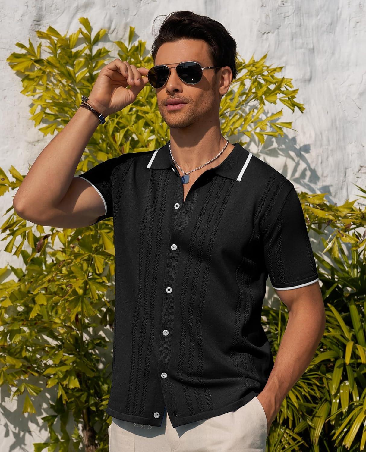imageAlimens amp Gentle Mens Shirts Casual Button Down Shirts Beach Vintage Knit Short Sleeve Polo Shirt for Men03black