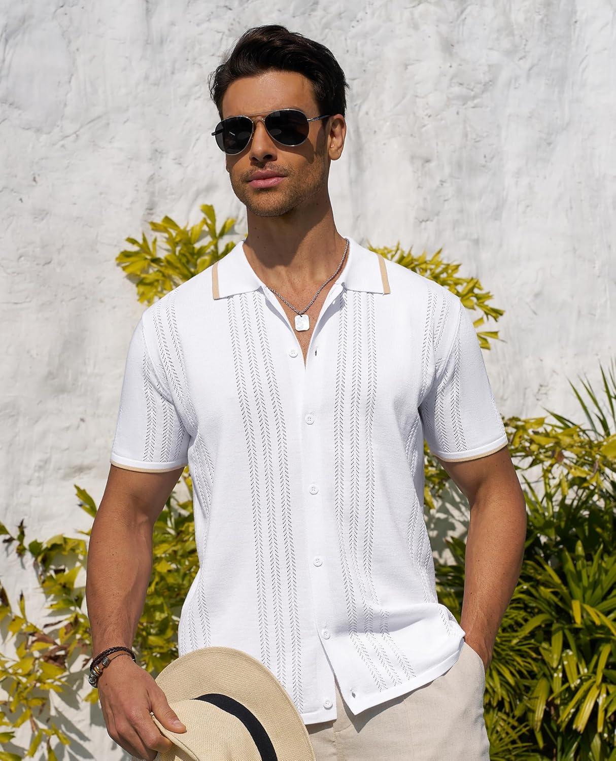 imageAlimens amp Gentle Mens Shirts Casual Button Down Shirts Beach Vintage Knit Short Sleeve Polo Shirt for Men04white