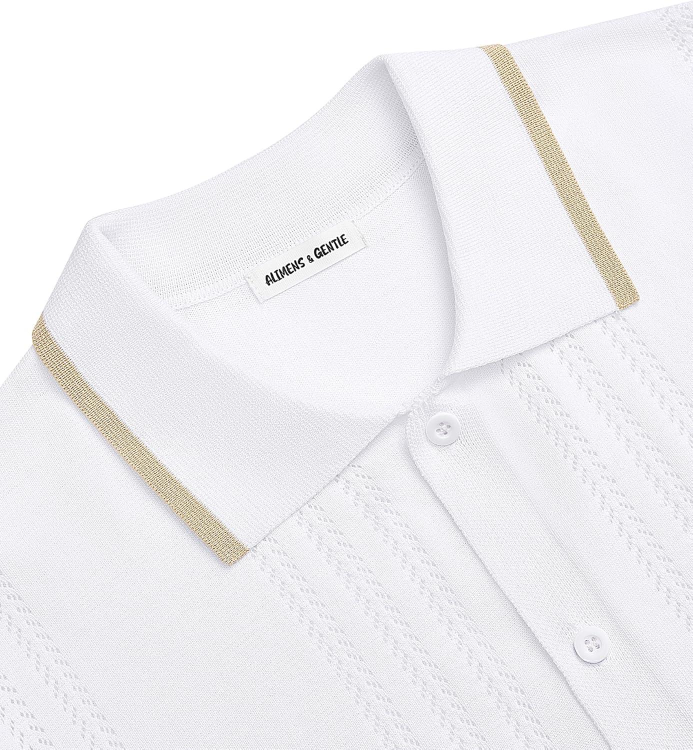 imageAlimens amp Gentle Mens Shirts Casual Button Down Shirts Beach Vintage Knit Short Sleeve Polo Shirt for Men04white