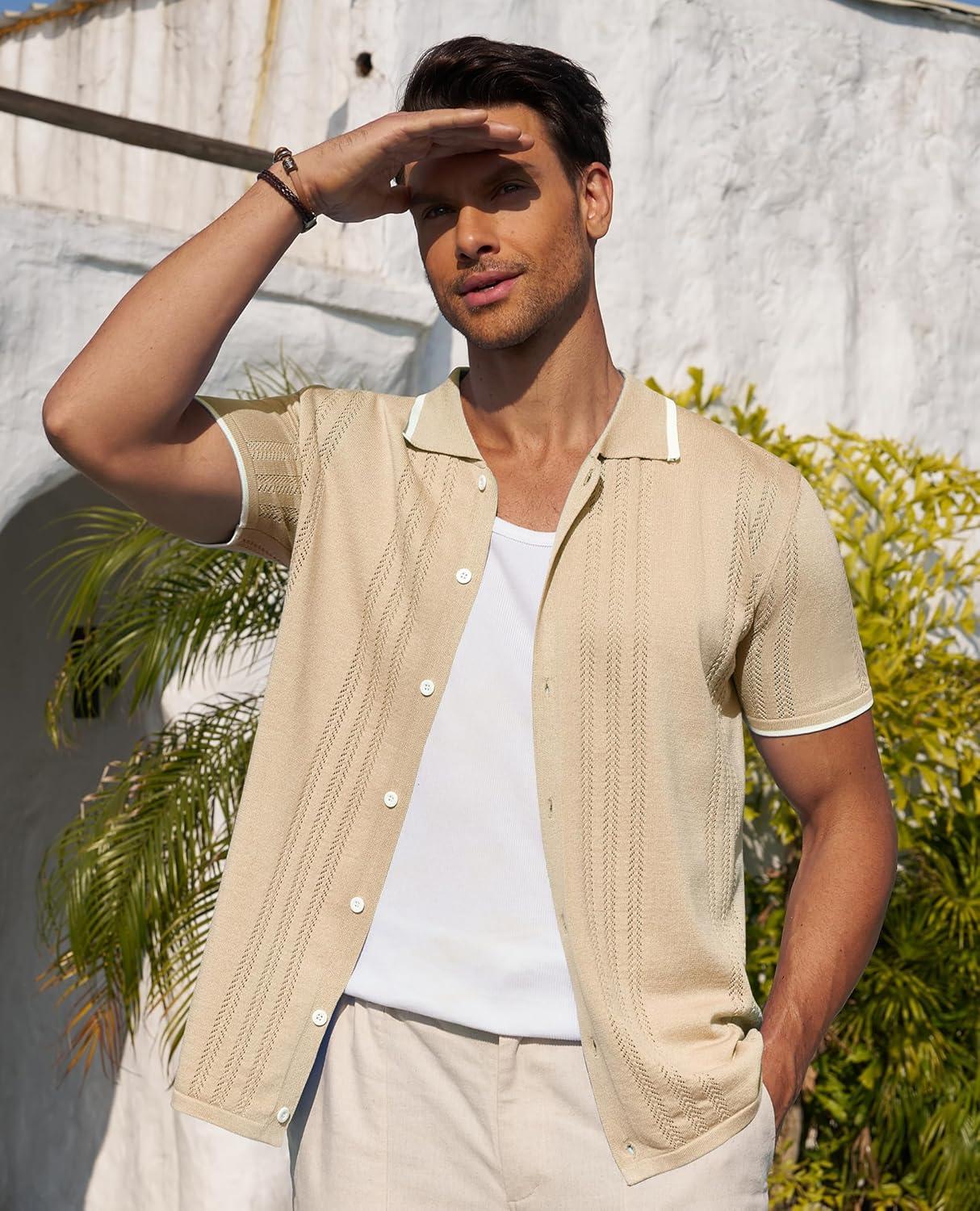 imageAlimens amp Gentle Mens Shirts Casual Button Down Shirts Beach Vintage Knit Short Sleeve Polo Shirt for Men06light Khaki