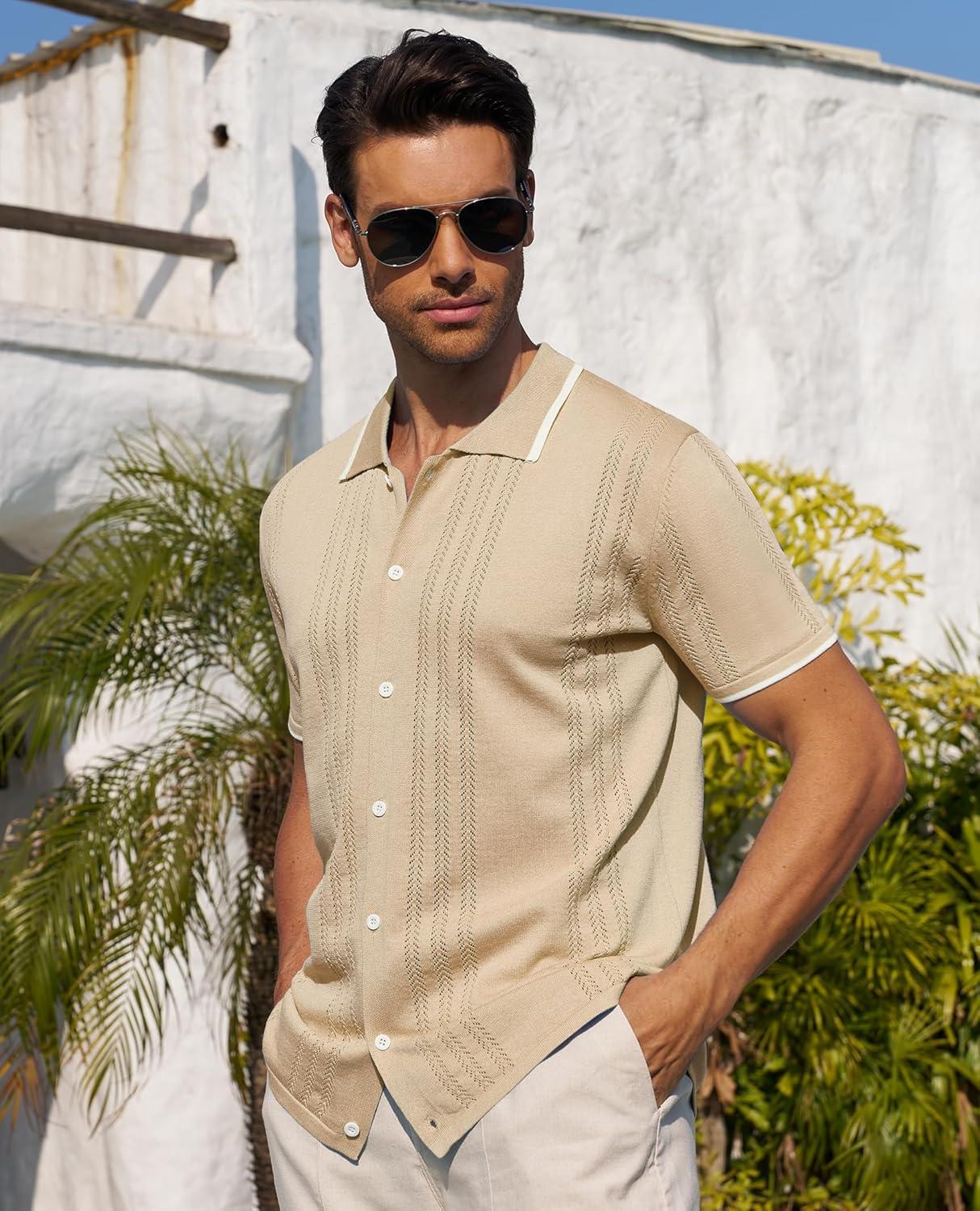 imageAlimens amp Gentle Mens Shirts Casual Button Down Shirts Beach Vintage Knit Short Sleeve Polo Shirt for Men06light Khaki