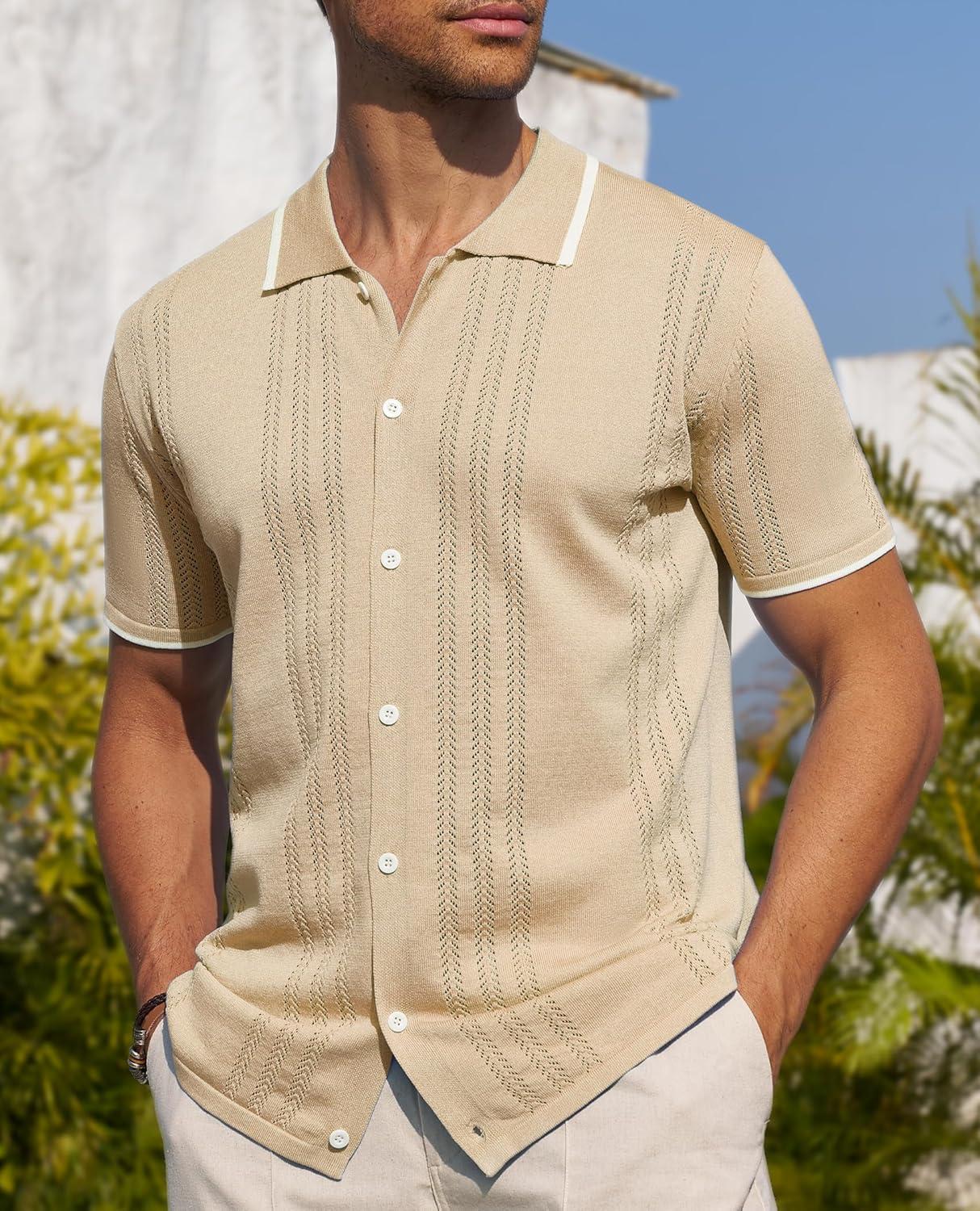 imageAlimens amp Gentle Mens Shirts Casual Button Down Shirts Beach Vintage Knit Short Sleeve Polo Shirt for Men06light Khaki