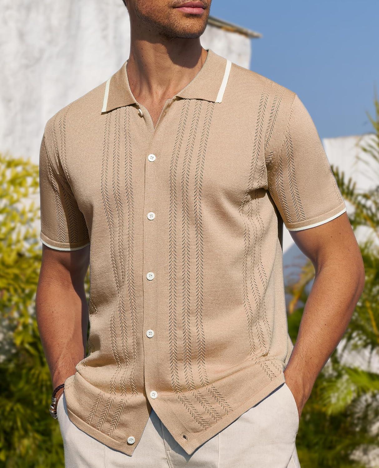 imageAlimens amp Gentle Mens Shirts Casual Button Down Shirts Beach Vintage Knit Short Sleeve Polo Shirt for Men07khaki