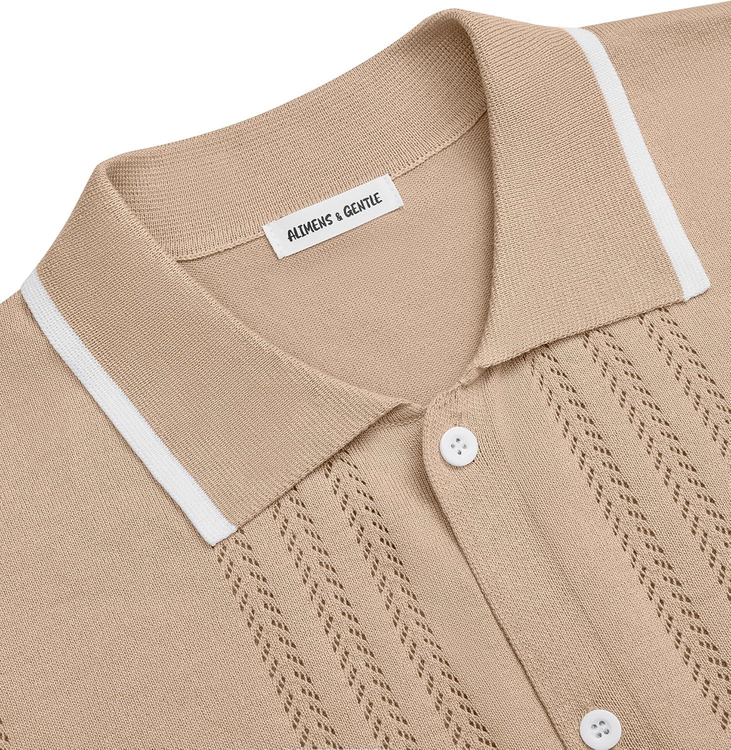 imageAlimens amp Gentle Mens Shirts Casual Button Down Shirts Beach Vintage Knit Short Sleeve Polo Shirt for Men07khaki