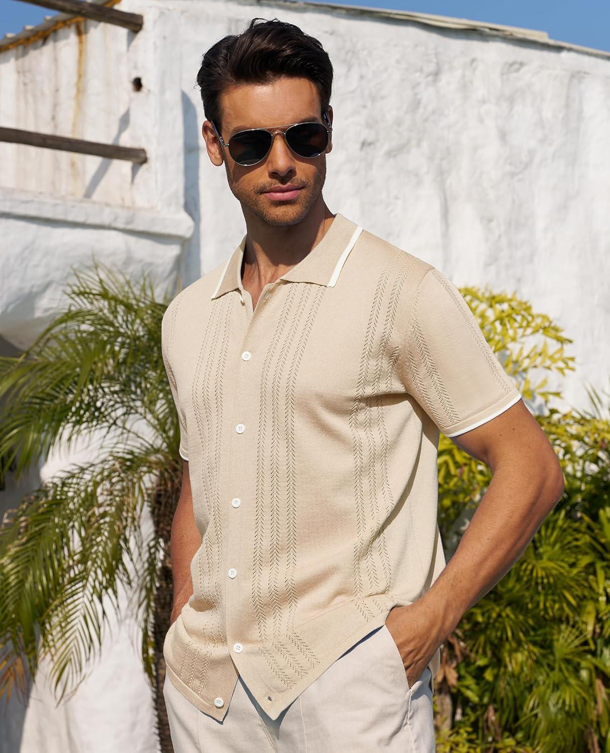 imageAlimens amp Gentle Mens Shirts Casual Button Down Shirts Beach Vintage Knit Short Sleeve Polo Shirt for Men08cream