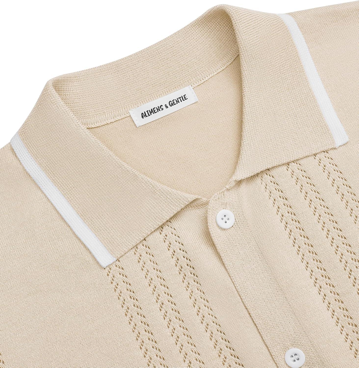 imageAlimens amp Gentle Mens Shirts Casual Button Down Shirts Beach Vintage Knit Short Sleeve Polo Shirt for Men08cream