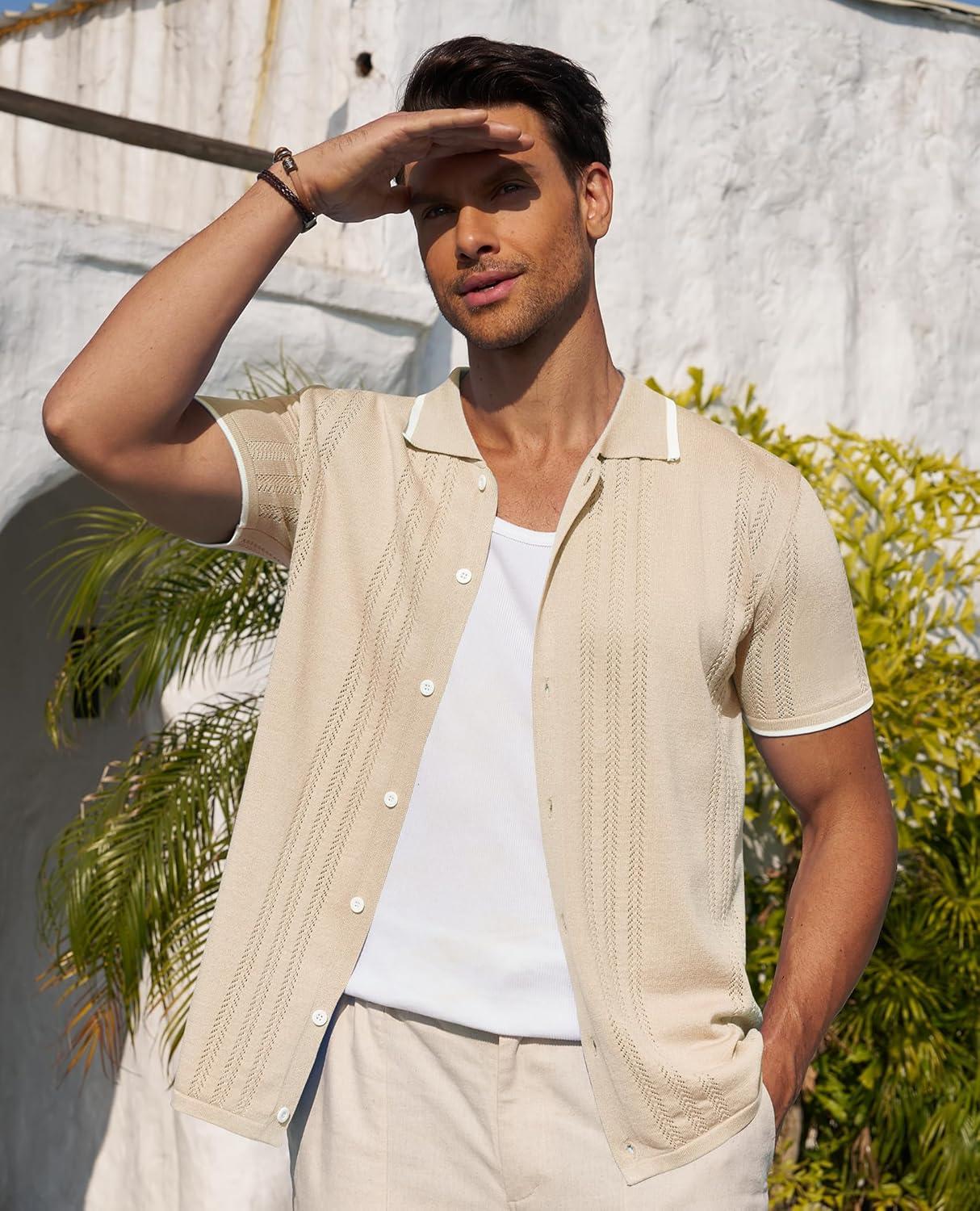 imageAlimens amp Gentle Mens Shirts Casual Button Down Shirts Beach Vintage Knit Short Sleeve Polo Shirt for Men08cream