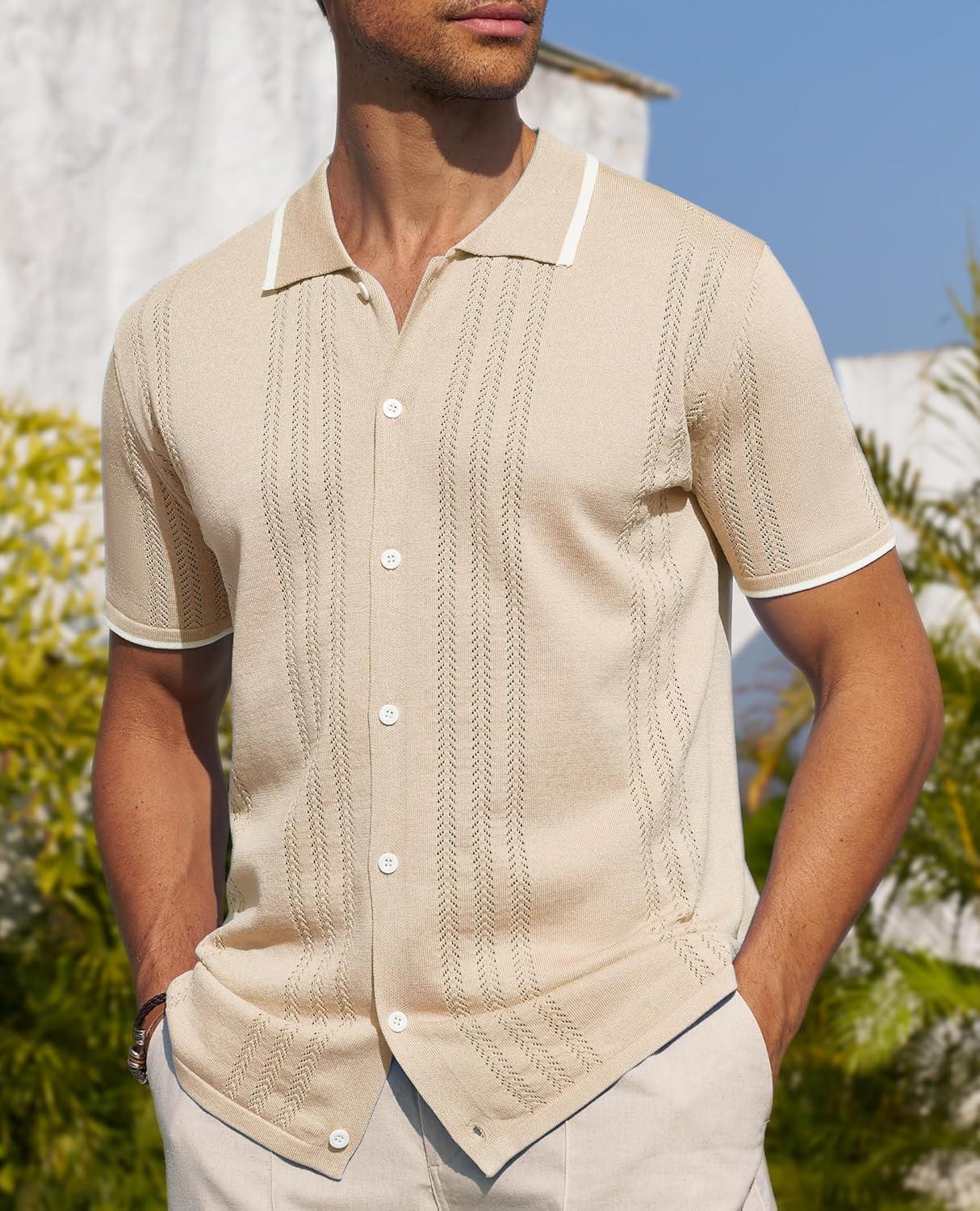 imageAlimens amp Gentle Mens Shirts Casual Button Down Shirts Beach Vintage Knit Short Sleeve Polo Shirt for Men08cream