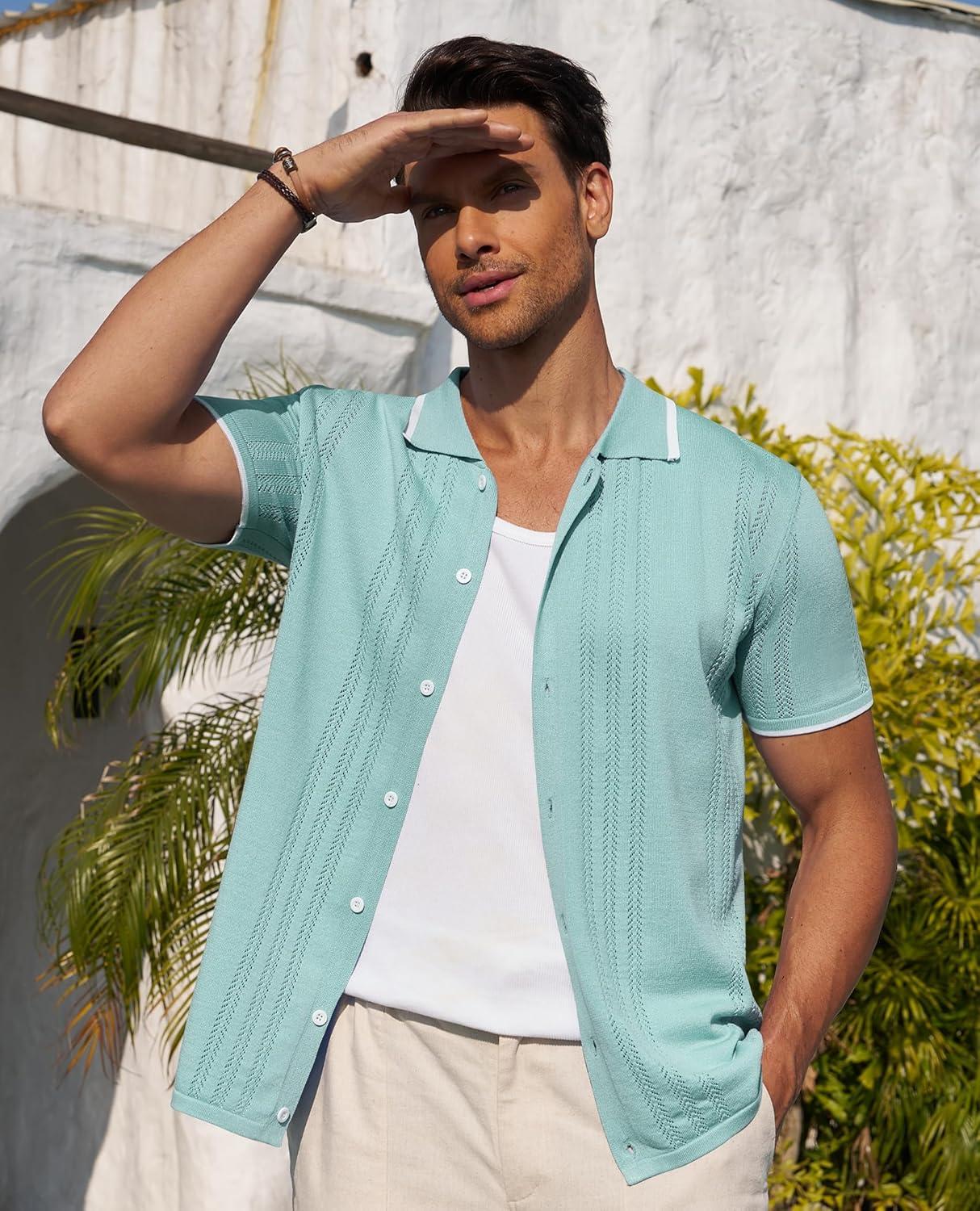 imageAlimens amp Gentle Mens Shirts Casual Button Down Shirts Beach Vintage Knit Short Sleeve Polo Shirt for Men09light Green