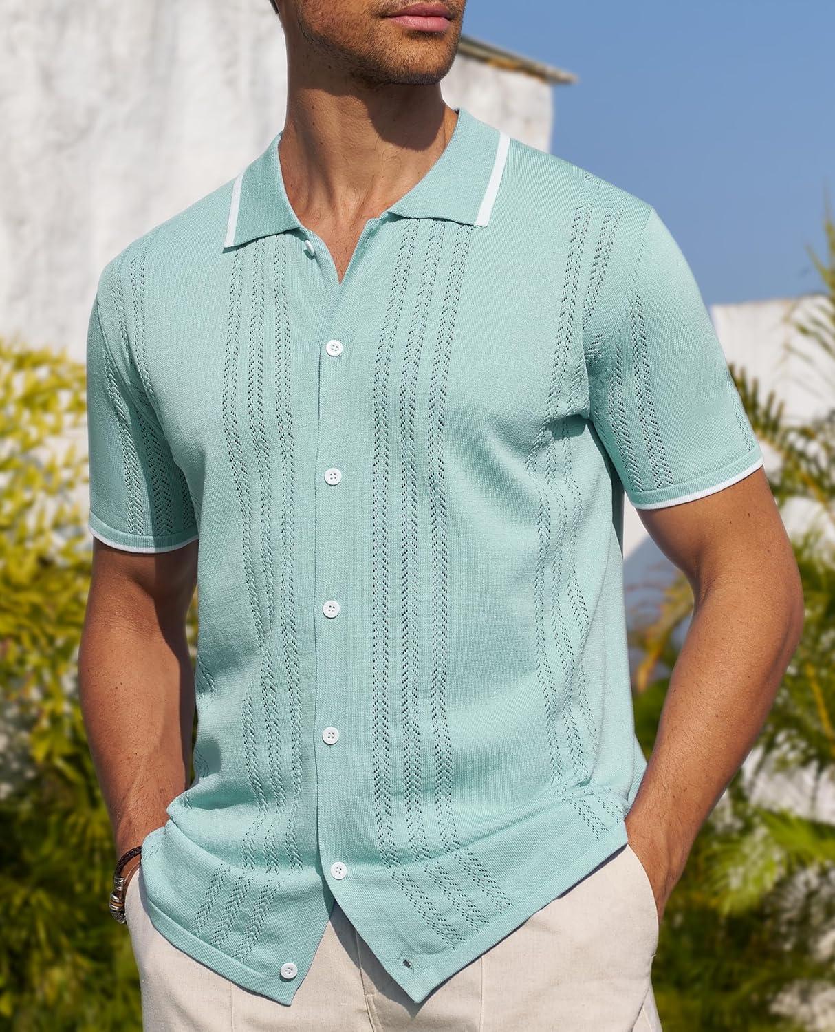 imageAlimens amp Gentle Mens Shirts Casual Button Down Shirts Beach Vintage Knit Short Sleeve Polo Shirt for Men09light Green