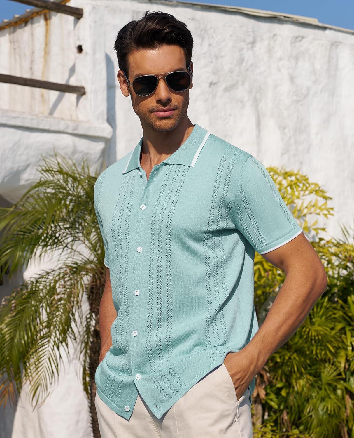 imageAlimens amp Gentle Mens Shirts Casual Button Down Shirts Beach Vintage Knit Short Sleeve Polo Shirt for Men09light Green