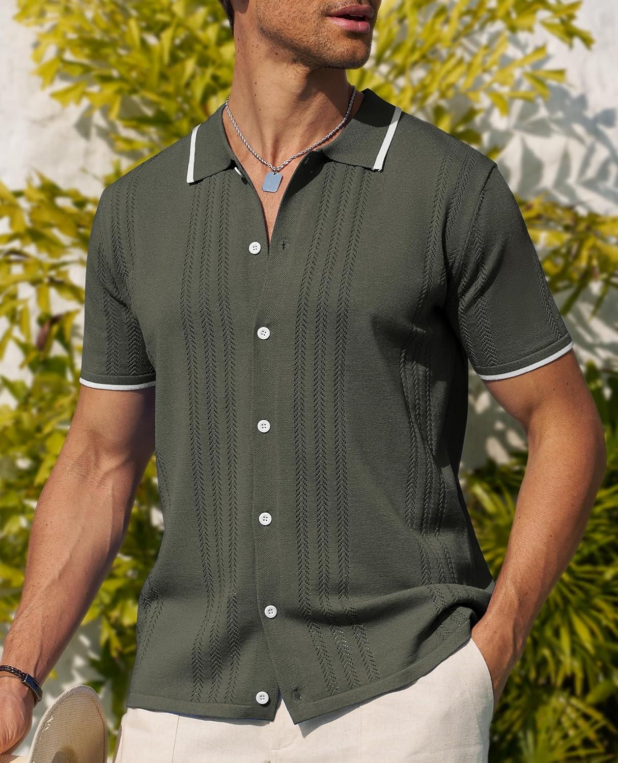 imageAlimens amp Gentle Mens Shirts Casual Button Down Shirts Beach Vintage Knit Short Sleeve Polo Shirt for Men10green