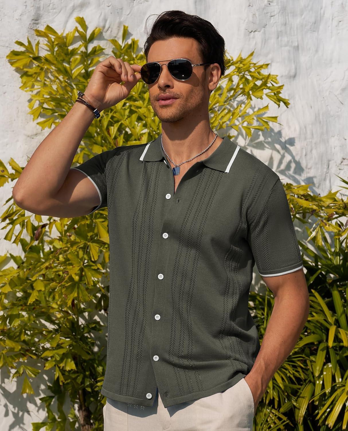 imageAlimens amp Gentle Mens Shirts Casual Button Down Shirts Beach Vintage Knit Short Sleeve Polo Shirt for Men10green