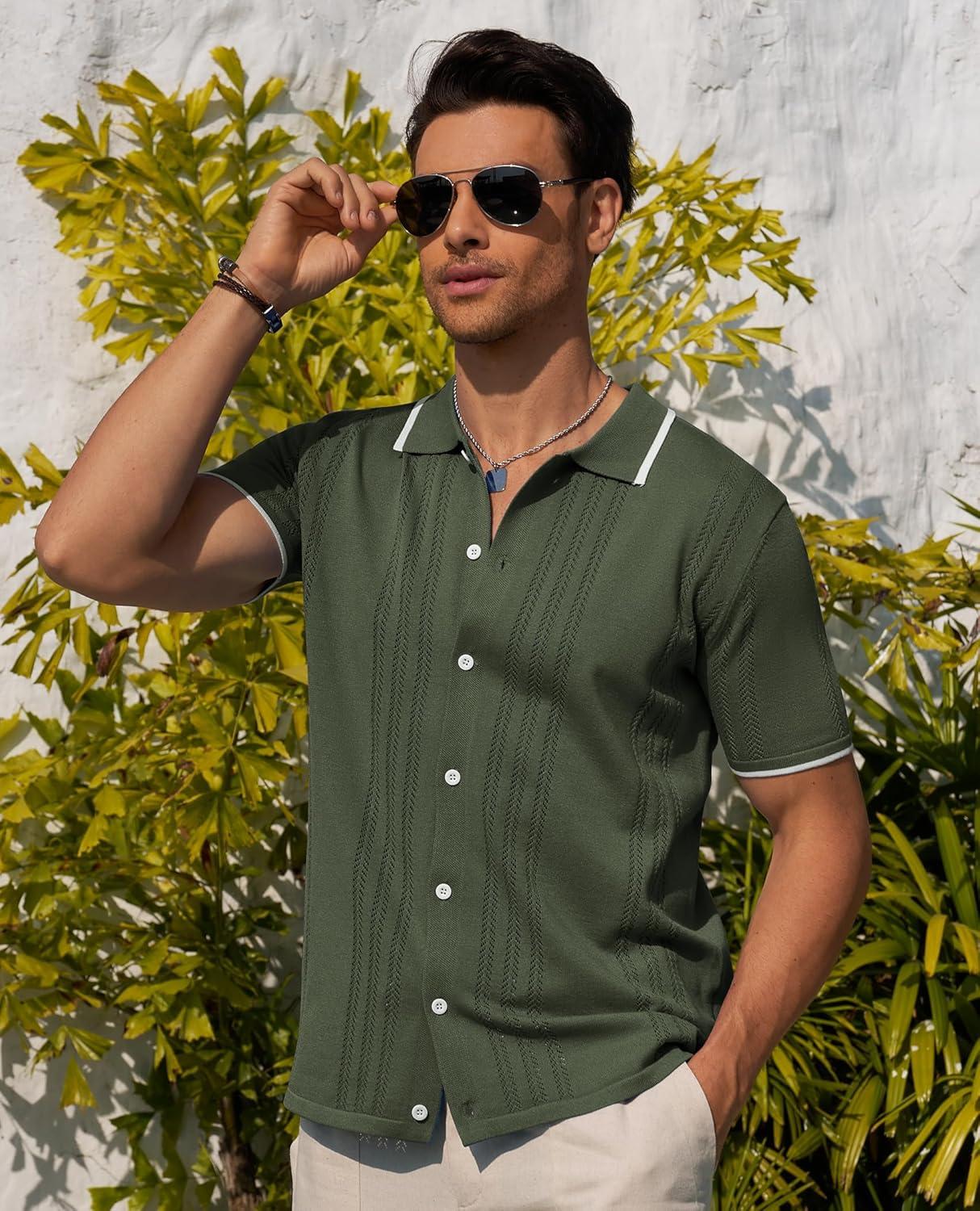 imageAlimens amp Gentle Mens Shirts Casual Button Down Shirts Beach Vintage Knit Short Sleeve Polo Shirt for Men11army Green