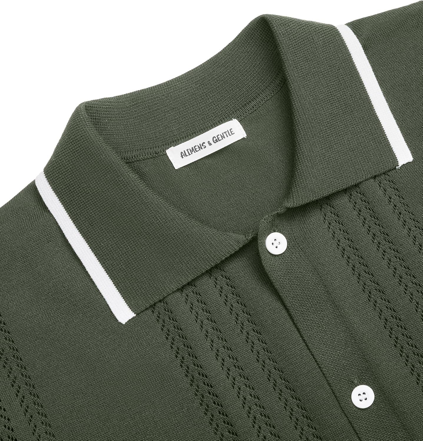 imageAlimens amp Gentle Mens Shirts Casual Button Down Shirts Beach Vintage Knit Short Sleeve Polo Shirt for Men11army Green