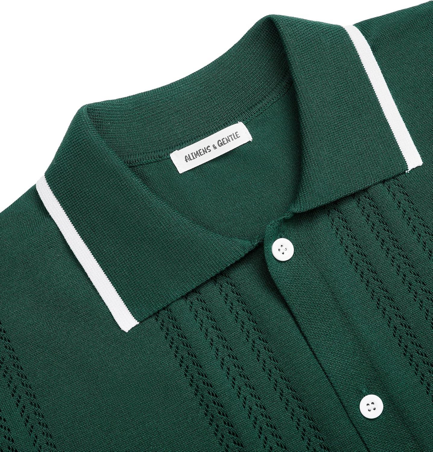 imageAlimens amp Gentle Mens Shirts Casual Button Down Shirts Beach Vintage Knit Short Sleeve Polo Shirt for Men12dark Green