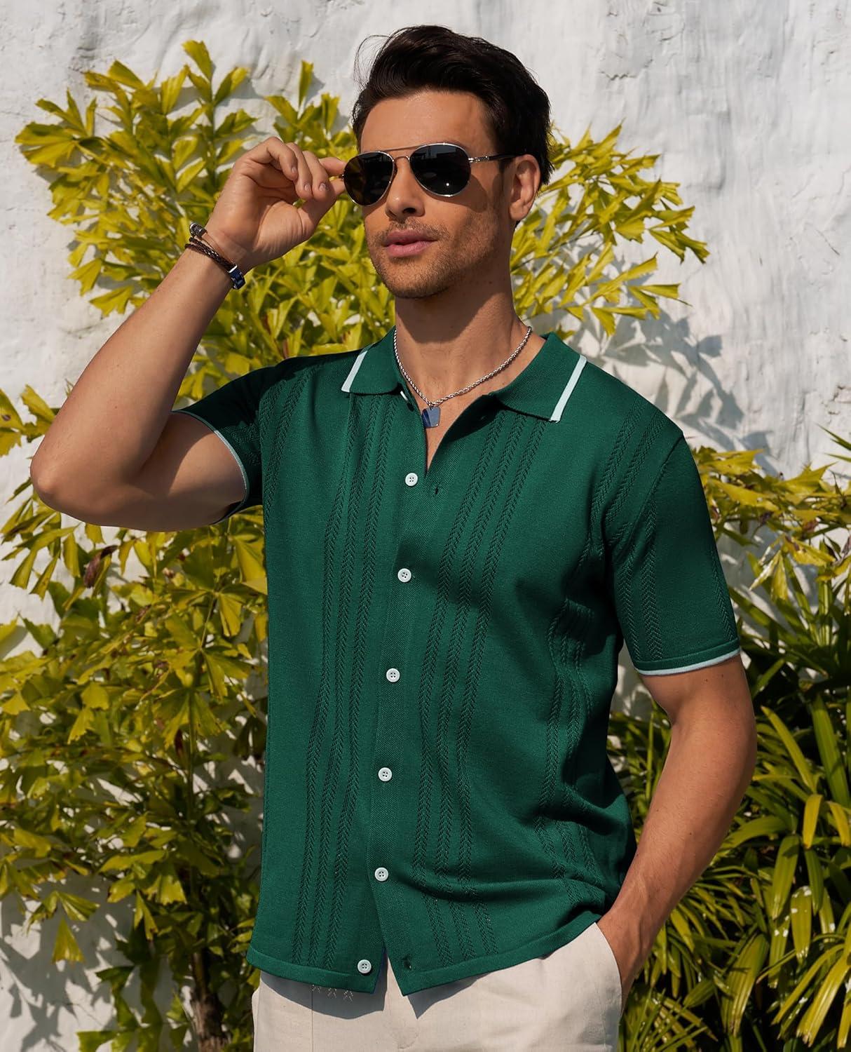imageAlimens amp Gentle Mens Shirts Casual Button Down Shirts Beach Vintage Knit Short Sleeve Polo Shirt for Men12dark Green