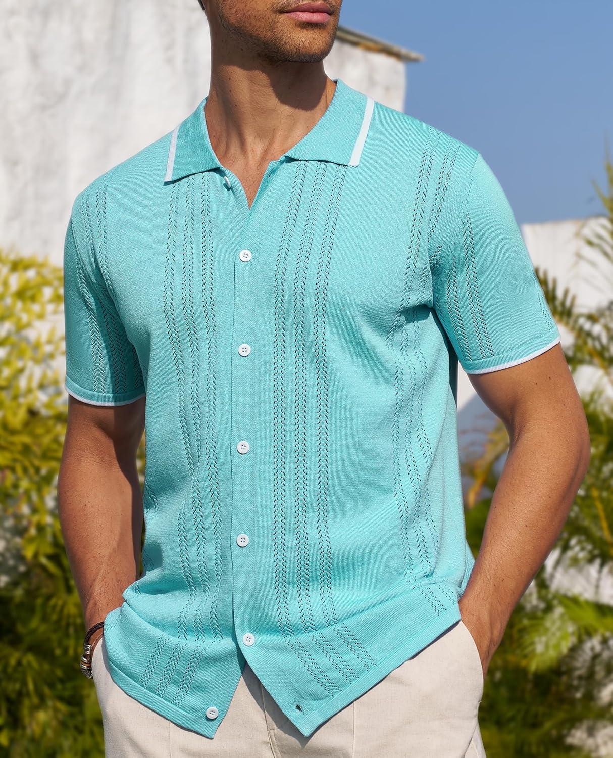 imageAlimens amp Gentle Mens Shirts Casual Button Down Shirts Beach Vintage Knit Short Sleeve Polo Shirt for Men13ice Green