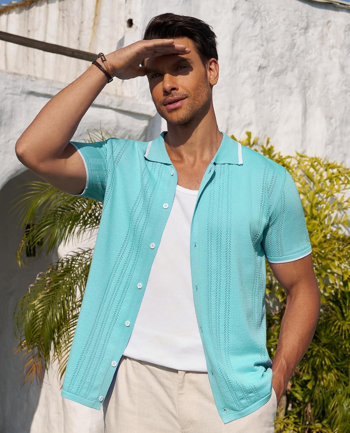 imageAlimens amp Gentle Mens Shirts Casual Button Down Shirts Beach Vintage Knit Short Sleeve Polo Shirt for Men13ice Green