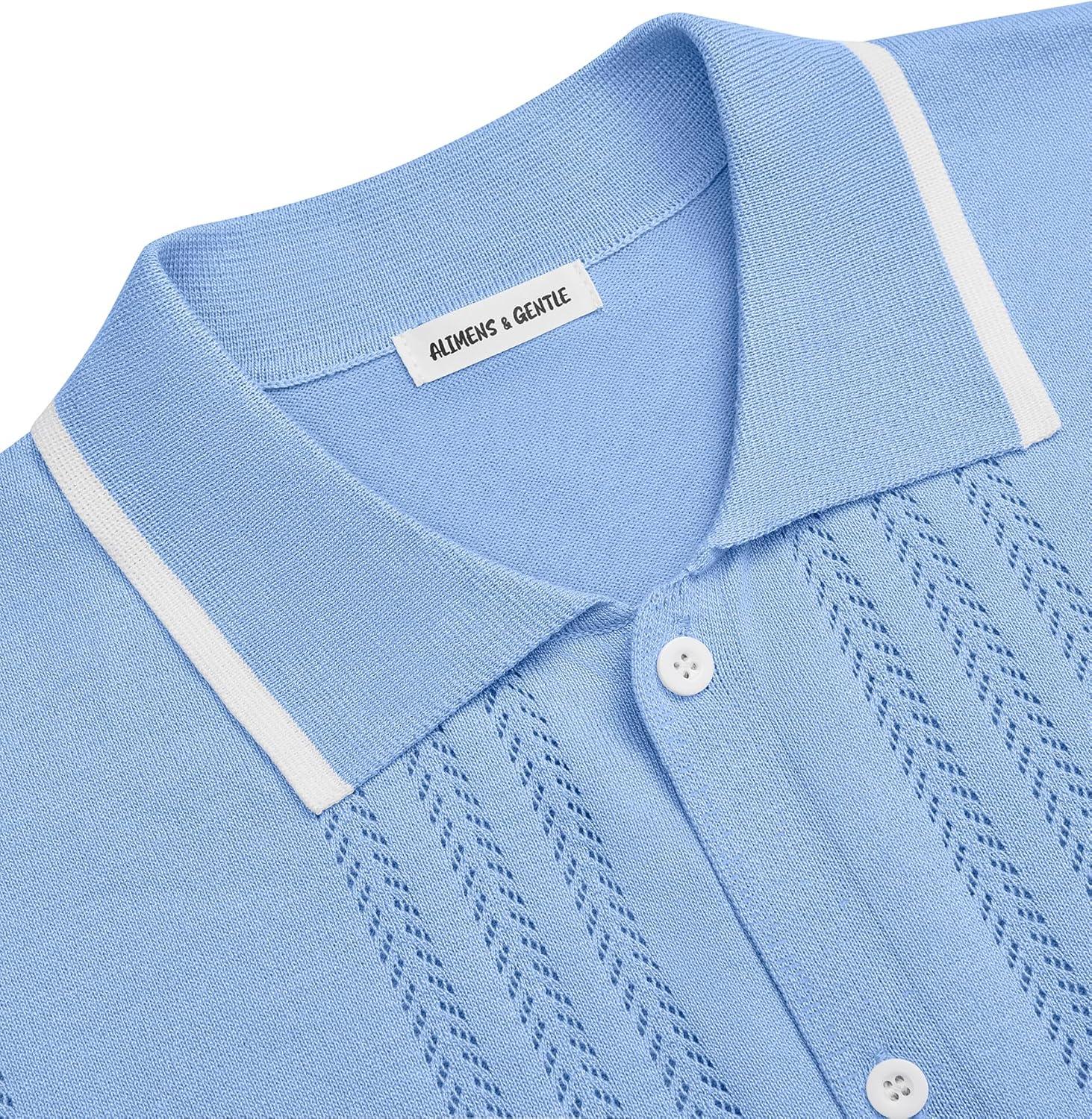 imageAlimens amp Gentle Mens Shirts Casual Button Down Shirts Beach Vintage Knit Short Sleeve Polo Shirt for Men14light Blue