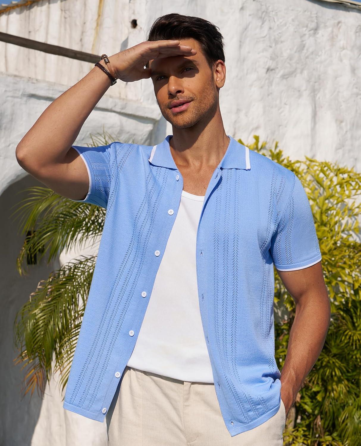 imageAlimens amp Gentle Mens Shirts Casual Button Down Shirts Beach Vintage Knit Short Sleeve Polo Shirt for Men14light Blue