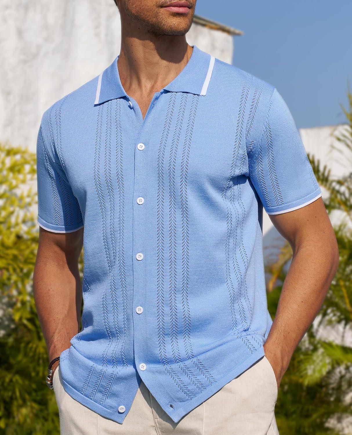 imageAlimens amp Gentle Mens Shirts Casual Button Down Shirts Beach Vintage Knit Short Sleeve Polo Shirt for Men14light Blue