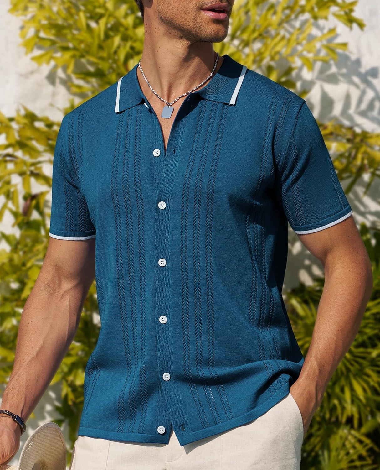 imageAlimens amp Gentle Mens Shirts Casual Button Down Shirts Beach Vintage Knit Short Sleeve Polo Shirt for Men15lake Blue
