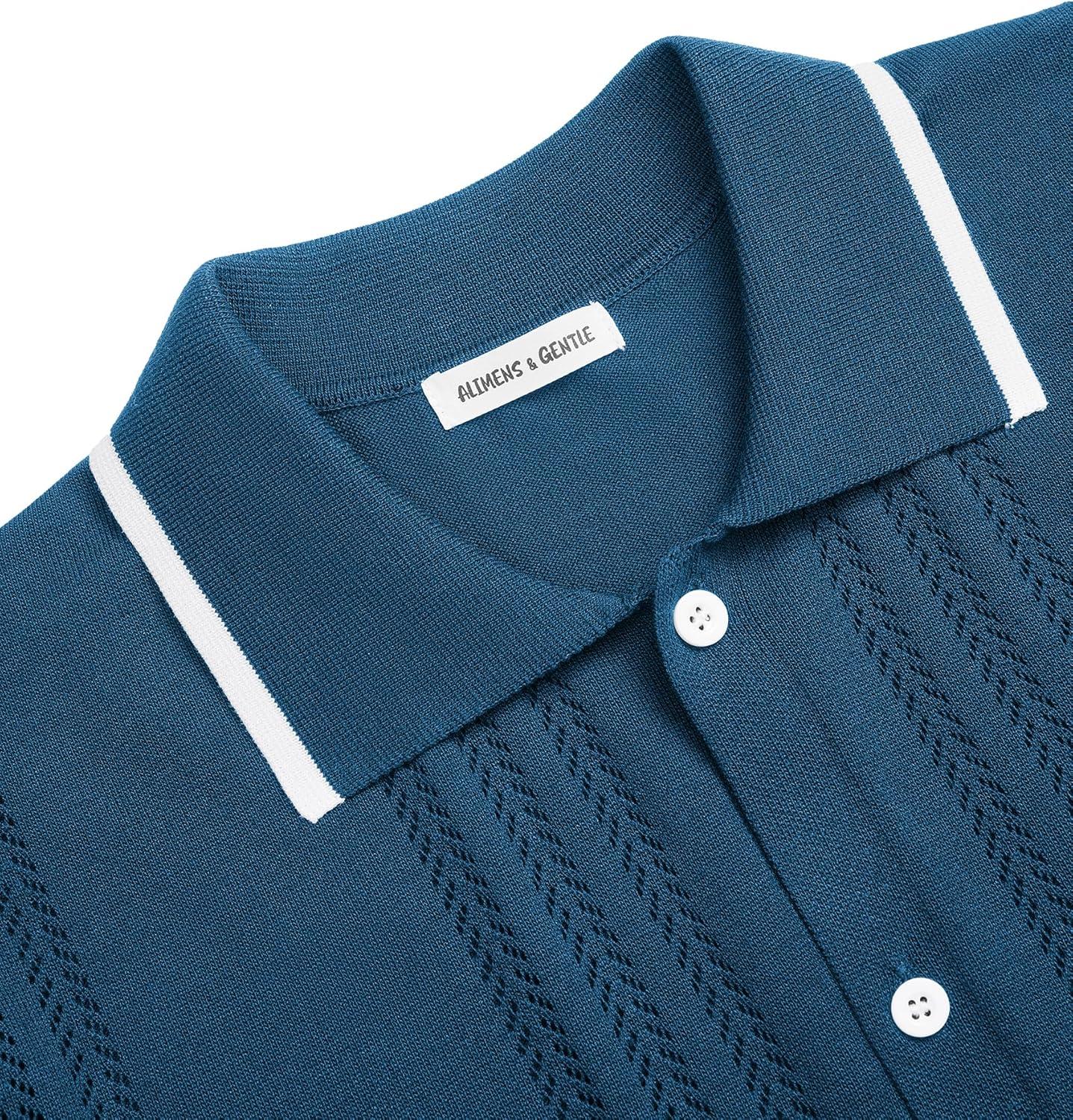 imageAlimens amp Gentle Mens Shirts Casual Button Down Shirts Beach Vintage Knit Short Sleeve Polo Shirt for Men15lake Blue
