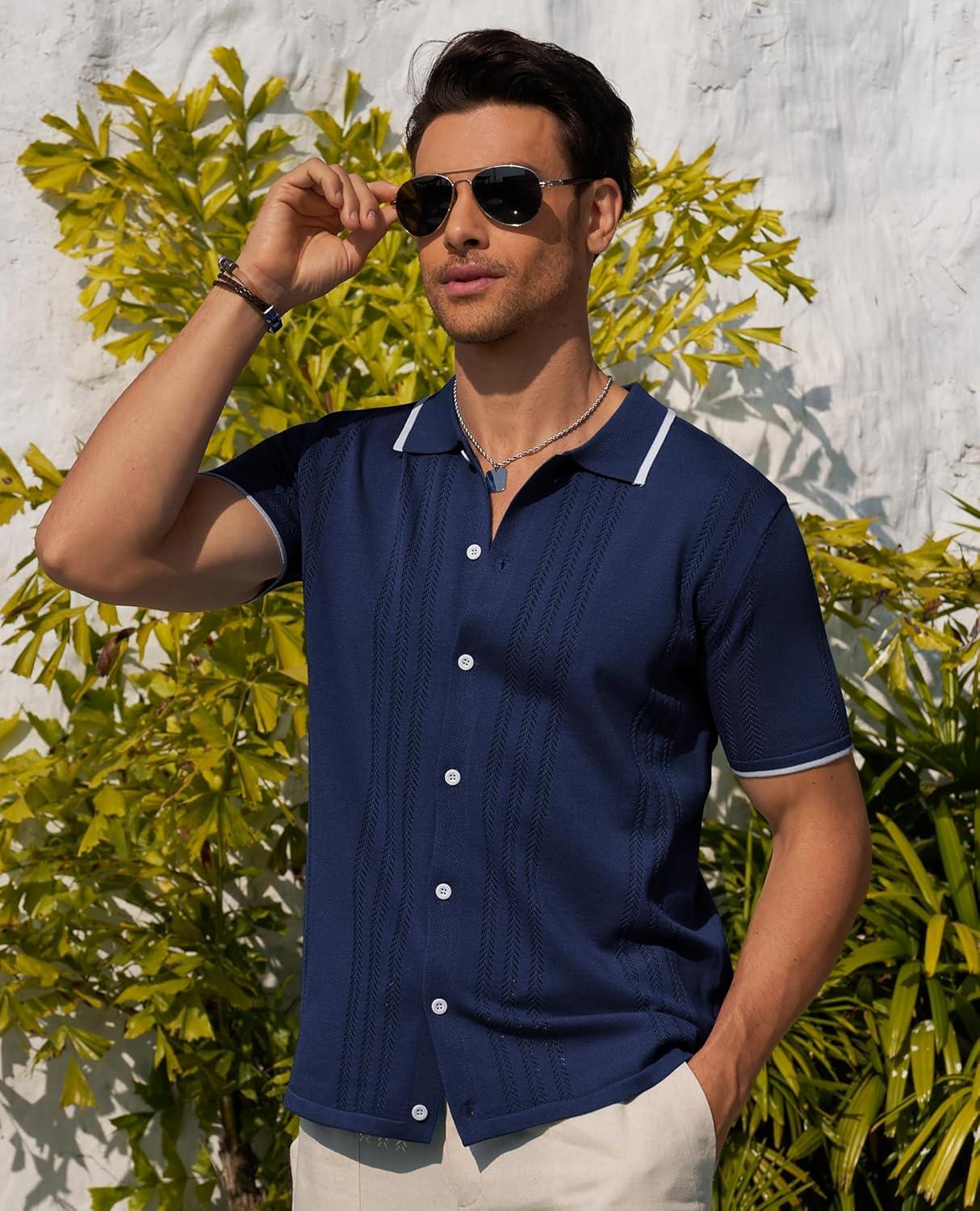 imageAlimens amp Gentle Mens Shirts Casual Button Down Shirts Beach Vintage Knit Short Sleeve Polo Shirt for Men15navy Blue