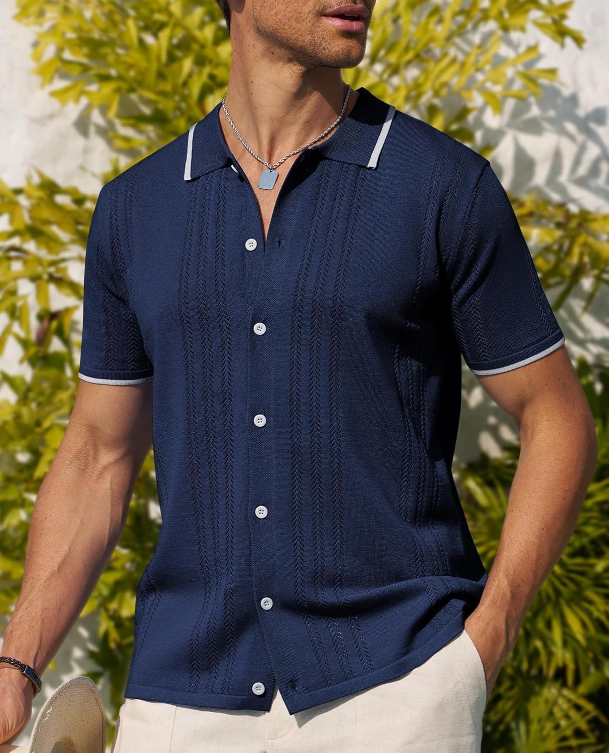 imageAlimens amp Gentle Mens Shirts Casual Button Down Shirts Beach Vintage Knit Short Sleeve Polo Shirt for Men15navy Blue