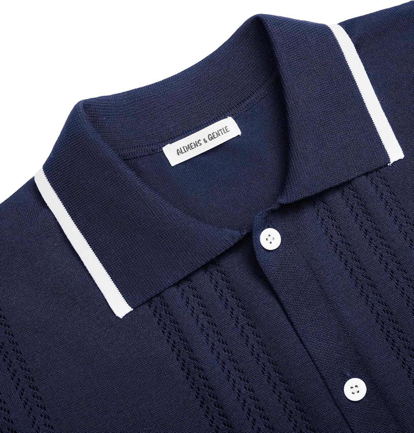 imageAlimens amp Gentle Mens Shirts Casual Button Down Shirts Beach Vintage Knit Short Sleeve Polo Shirt for Men15navy Blue