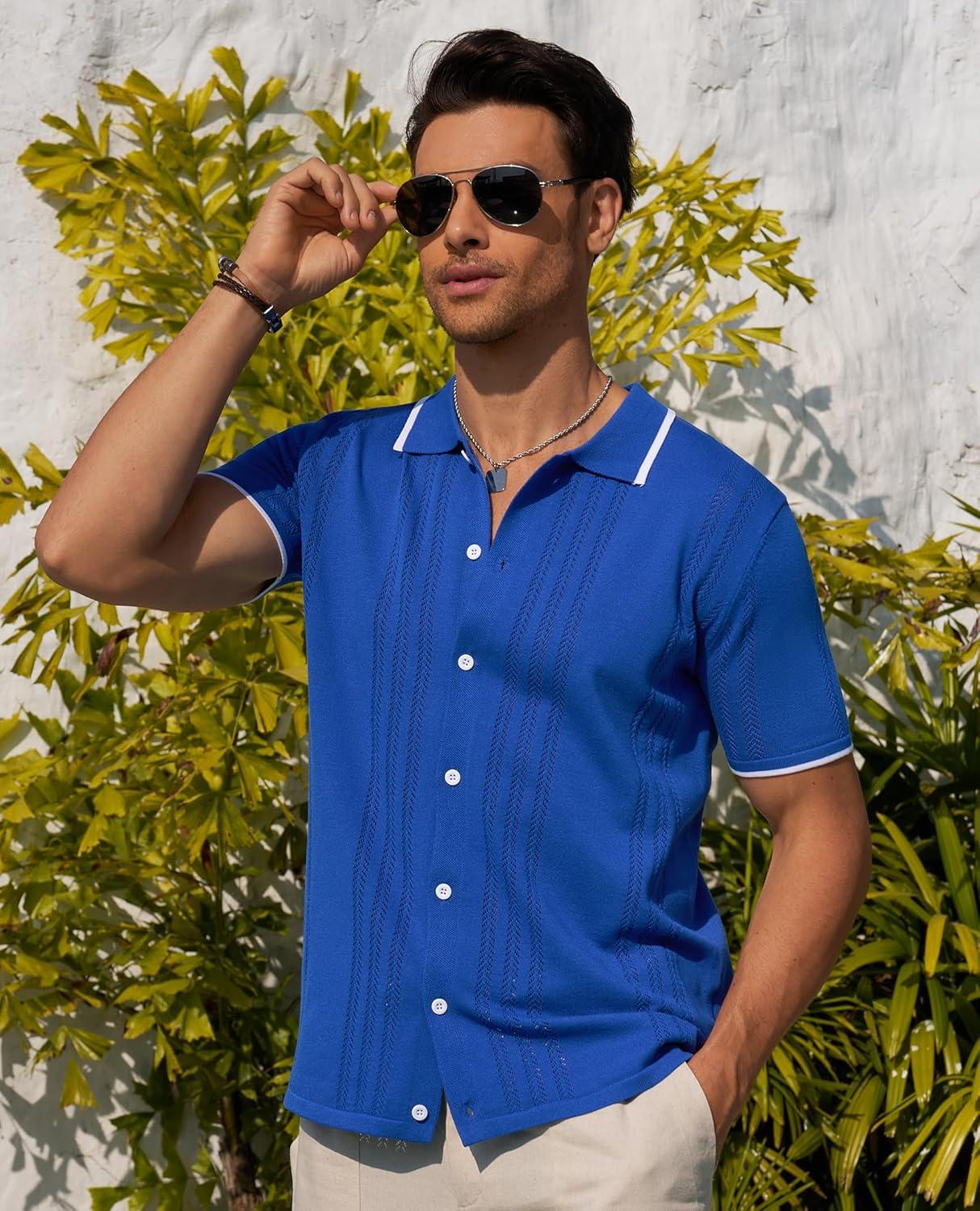 imageAlimens amp Gentle Mens Shirts Casual Button Down Shirts Beach Vintage Knit Short Sleeve Polo Shirt for Men16royal Blue