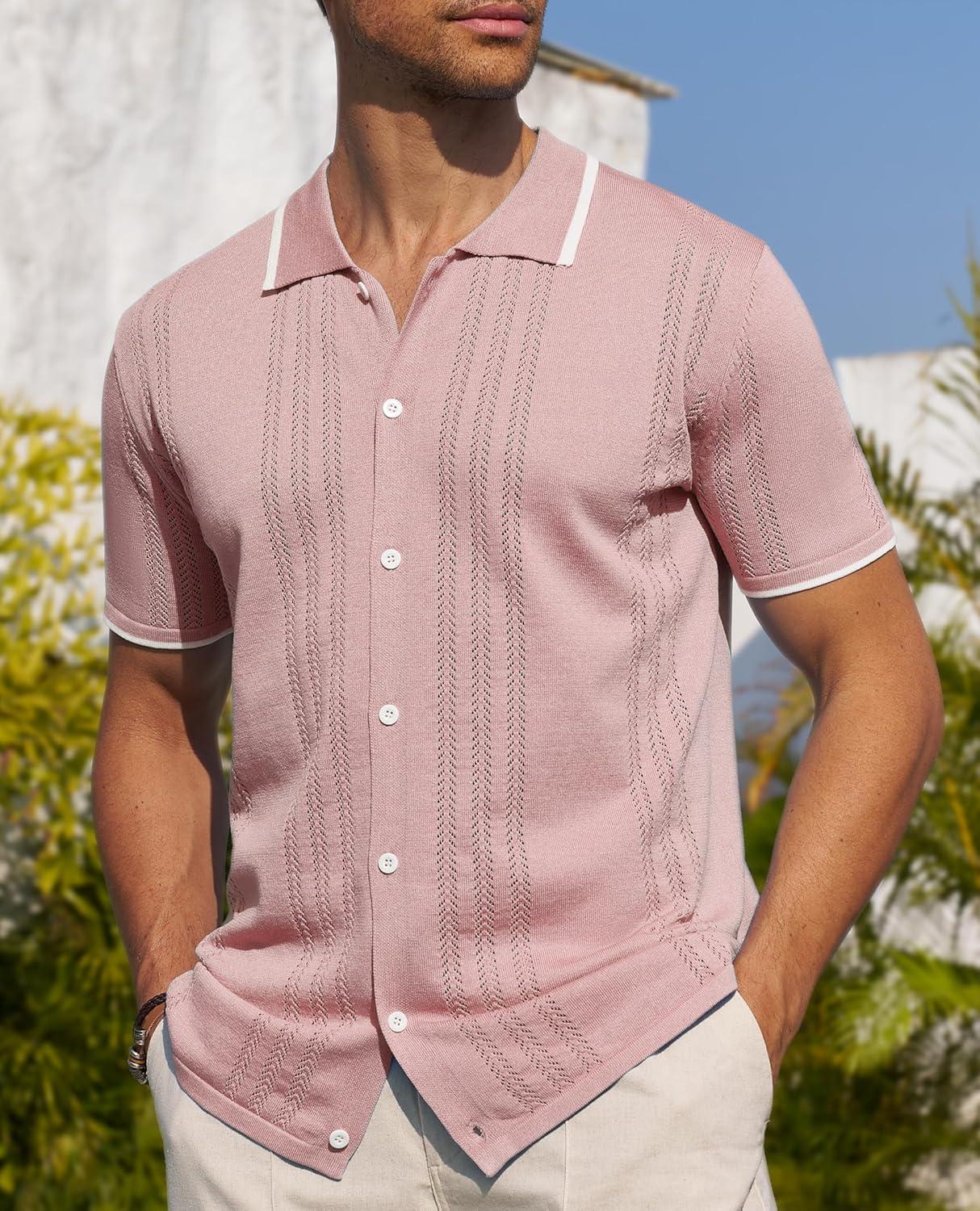 imageAlimens amp Gentle Mens Shirts Casual Button Down Shirts Beach Vintage Knit Short Sleeve Polo Shirt for Men17pink