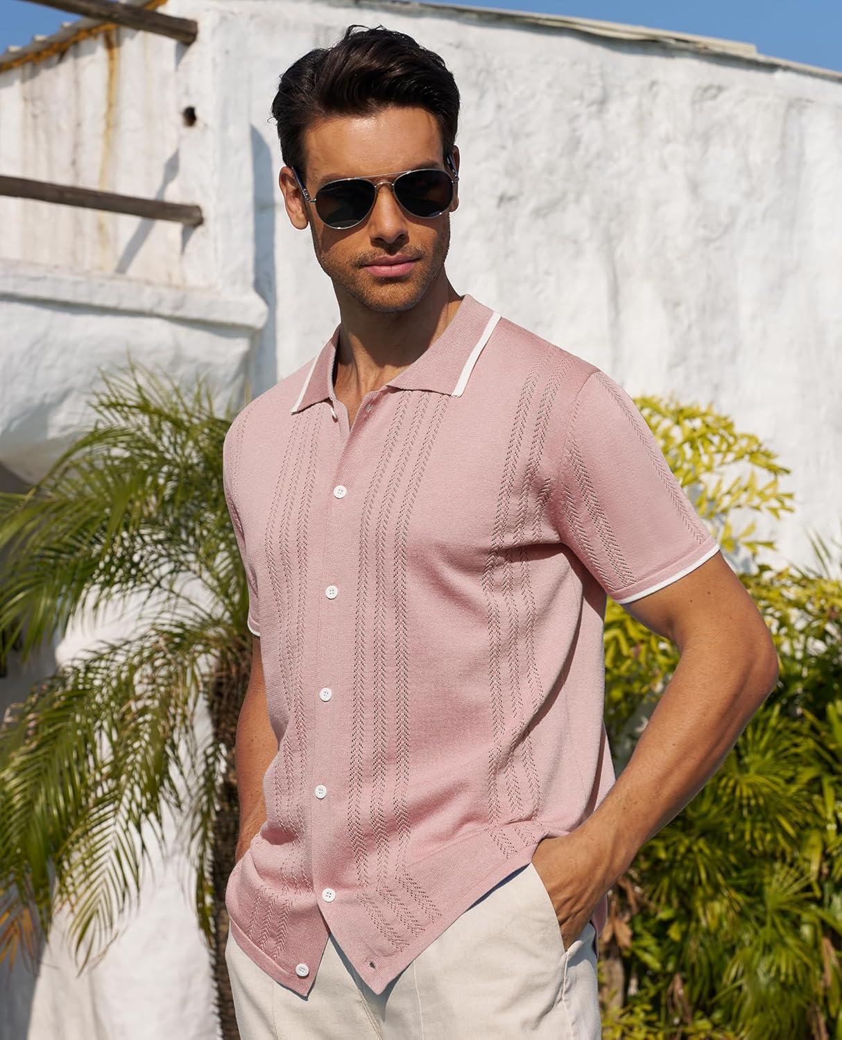 imageAlimens amp Gentle Mens Shirts Casual Button Down Shirts Beach Vintage Knit Short Sleeve Polo Shirt for Men17pink