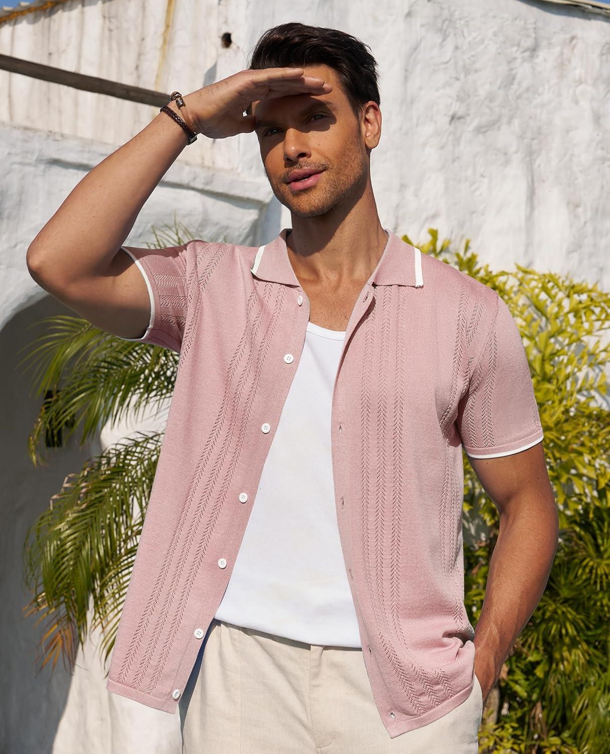 imageAlimens amp Gentle Mens Shirts Casual Button Down Shirts Beach Vintage Knit Short Sleeve Polo Shirt for Men17pink
