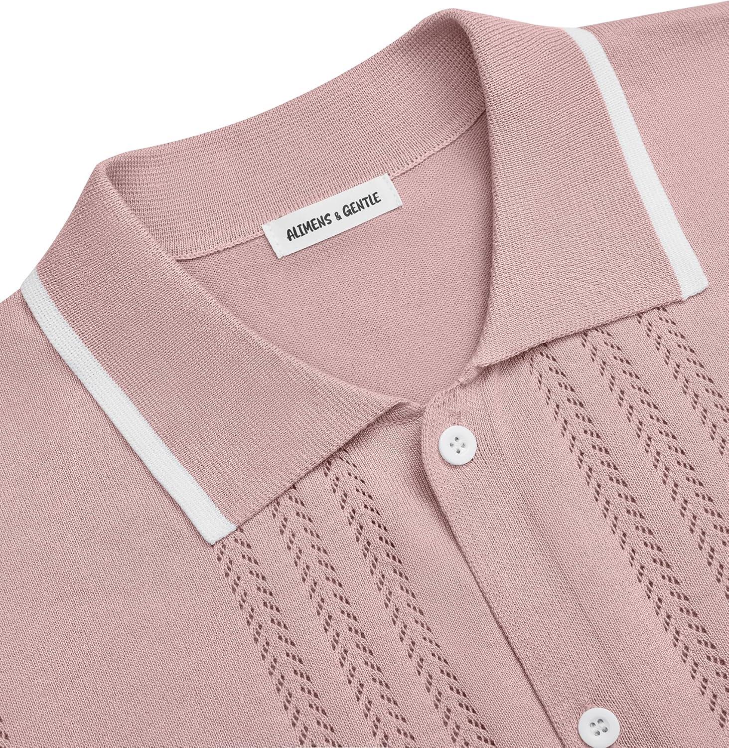 imageAlimens amp Gentle Mens Shirts Casual Button Down Shirts Beach Vintage Knit Short Sleeve Polo Shirt for Men17pink