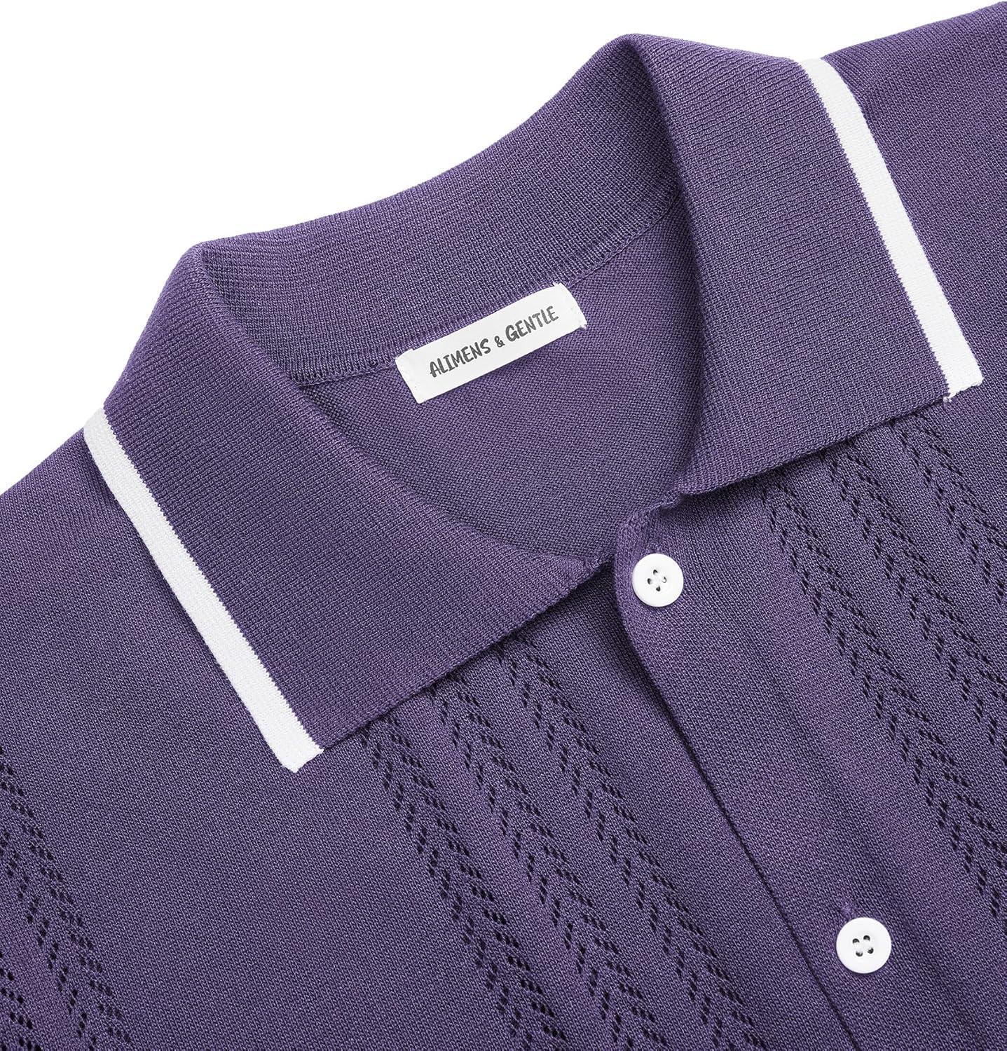 imageAlimens amp Gentle Mens Shirts Casual Button Down Shirts Beach Vintage Knit Short Sleeve Polo Shirt for Men18light Purple