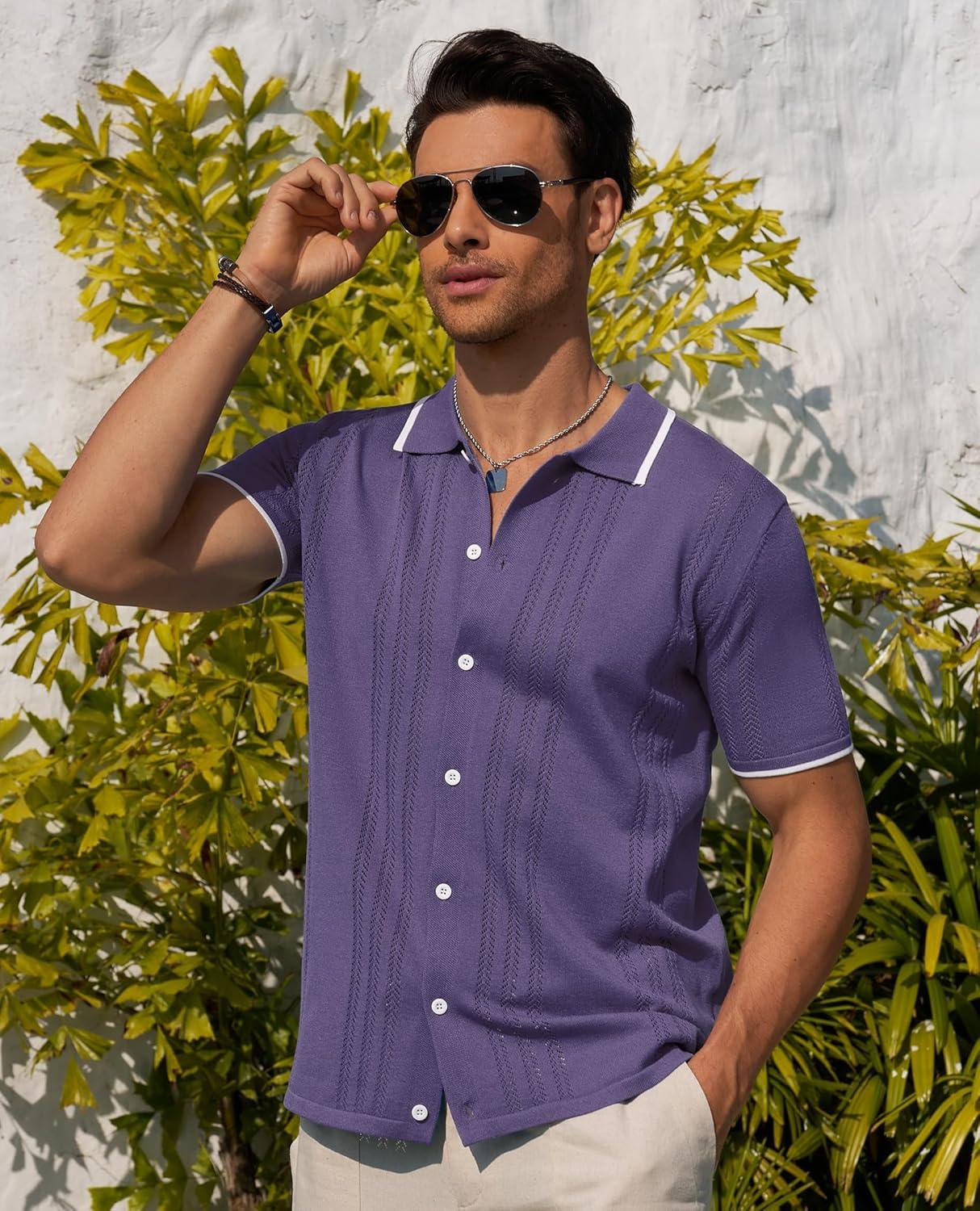 imageAlimens amp Gentle Mens Shirts Casual Button Down Shirts Beach Vintage Knit Short Sleeve Polo Shirt for Men18light Purple
