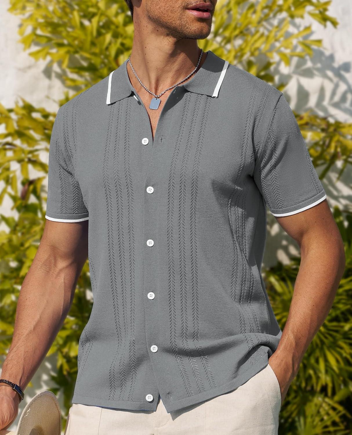 imageAlimens amp Gentle Mens Shirts Casual Button Down Shirts Beach Vintage Knit Short Sleeve Polo Shirt for Men19grey