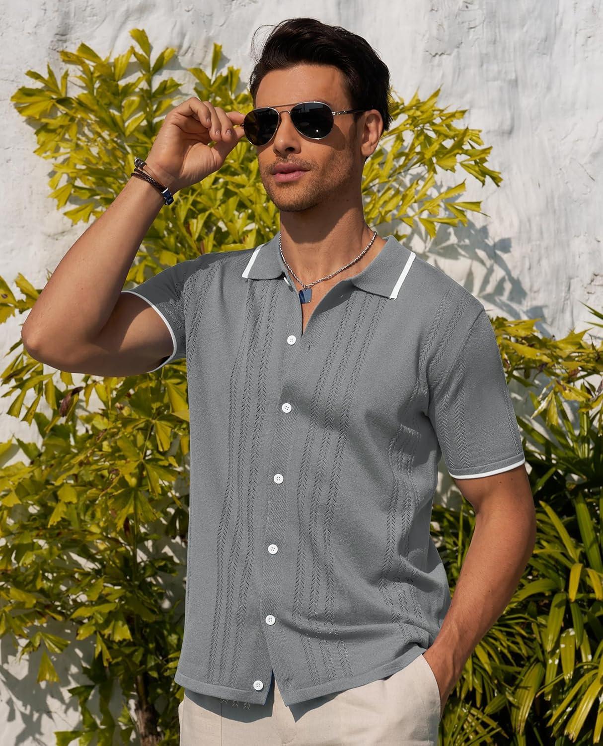 imageAlimens amp Gentle Mens Shirts Casual Button Down Shirts Beach Vintage Knit Short Sleeve Polo Shirt for Men19grey