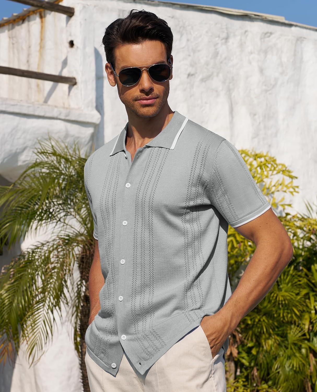 imageAlimens amp Gentle Mens Shirts Casual Button Down Shirts Beach Vintage Knit Short Sleeve Polo Shirt for Men20light Grey