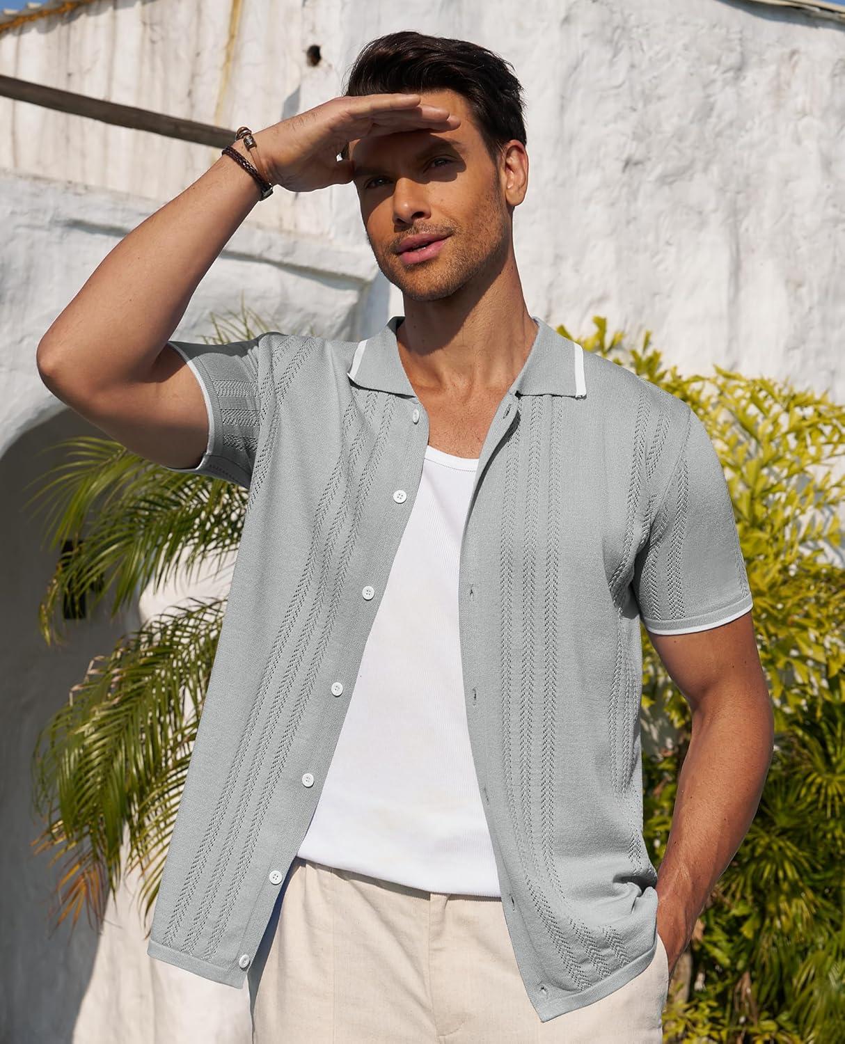 imageAlimens amp Gentle Mens Shirts Casual Button Down Shirts Beach Vintage Knit Short Sleeve Polo Shirt for Men20light Grey