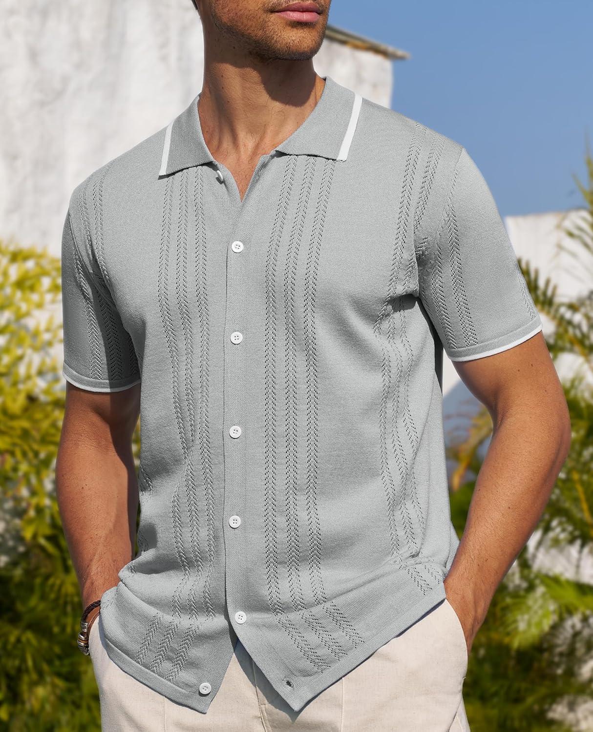 imageAlimens amp Gentle Mens Shirts Casual Button Down Shirts Beach Vintage Knit Short Sleeve Polo Shirt for Men20light Grey