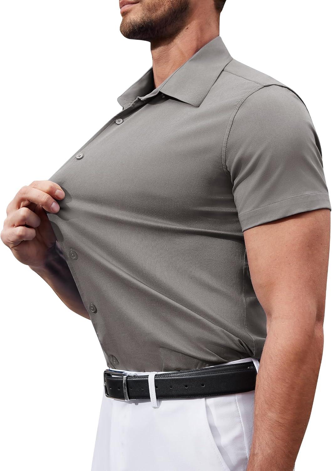 imageAlimens amp Gentle Mens Short Sleeve Dress Shirts Stretch Regular Fit Shirt Casual Button Down Business Shirts Dark Grey