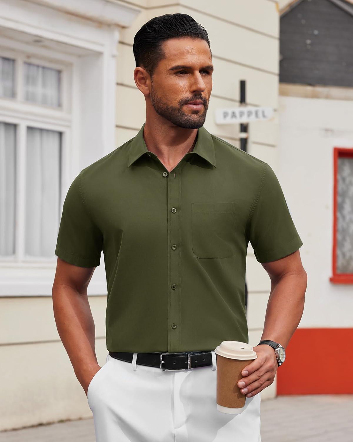 imageAlimens amp Gentle Mens Short Sleeve Dress Shirts Wrinkle Free Untucked Casual Button Down ShirtArmy Green