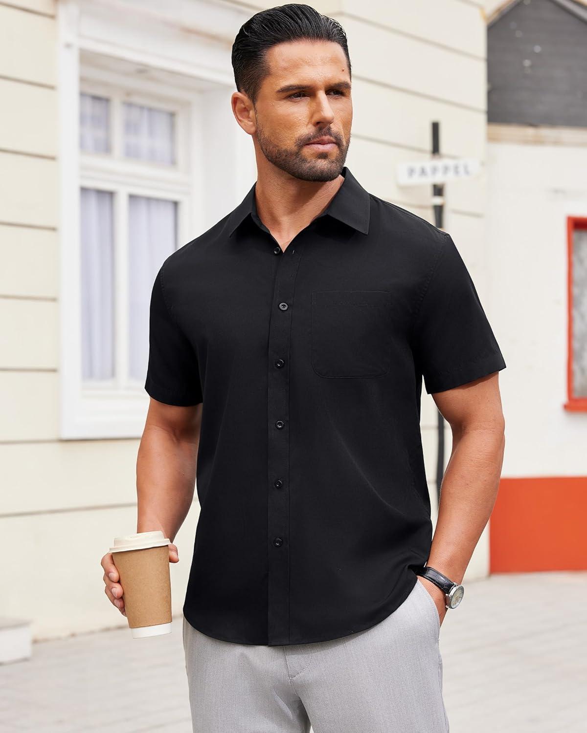 imageAlimens amp Gentle Mens Short Sleeve Dress Shirts Wrinkle Free Untucked Casual Button Down ShirtBlack