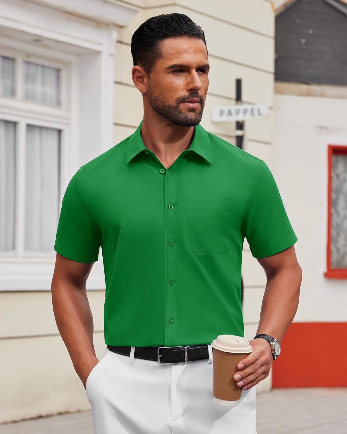 imageAlimens amp Gentle Mens Short Sleeve Dress Shirts Wrinkle Free Untucked Casual Button Down ShirtBright Green